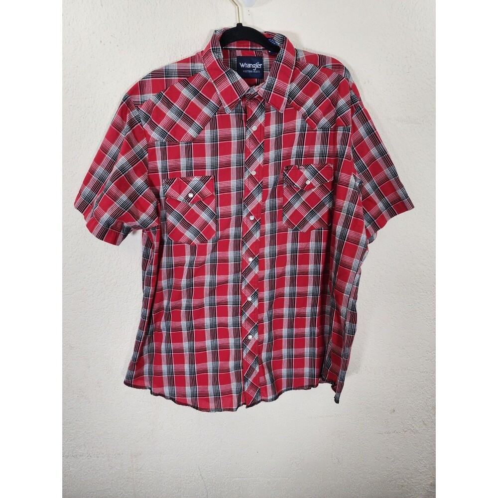 Wrangler Mens Western Shirt XL Red Plaid Short Sleeve Pearl Snap Cotton Blend